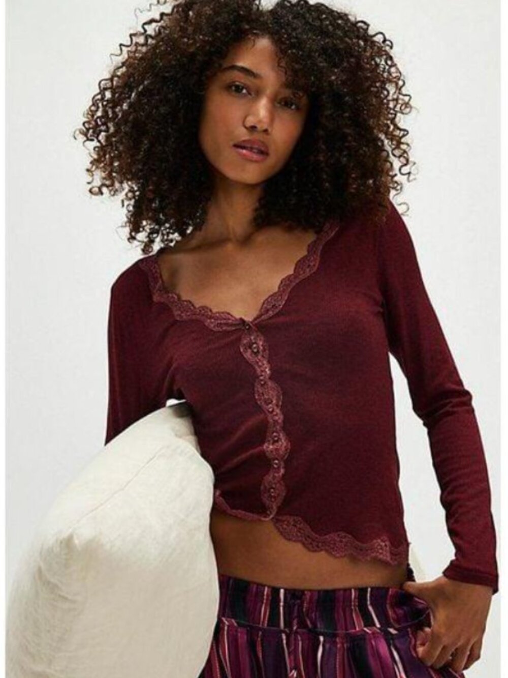 Free People Big Love Rib Cardi Ruby Heather Lace Trim Top size medium